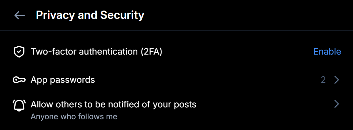 Bluesky Privacy and Security settings, with the App passwords row below two-factor authentication