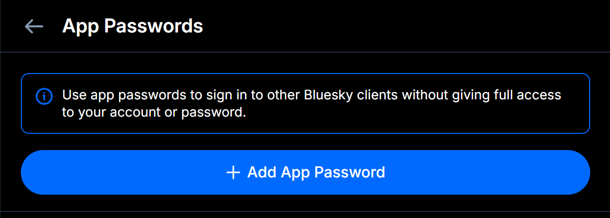 The Bluesky App Passwords screen with the Add App Password button