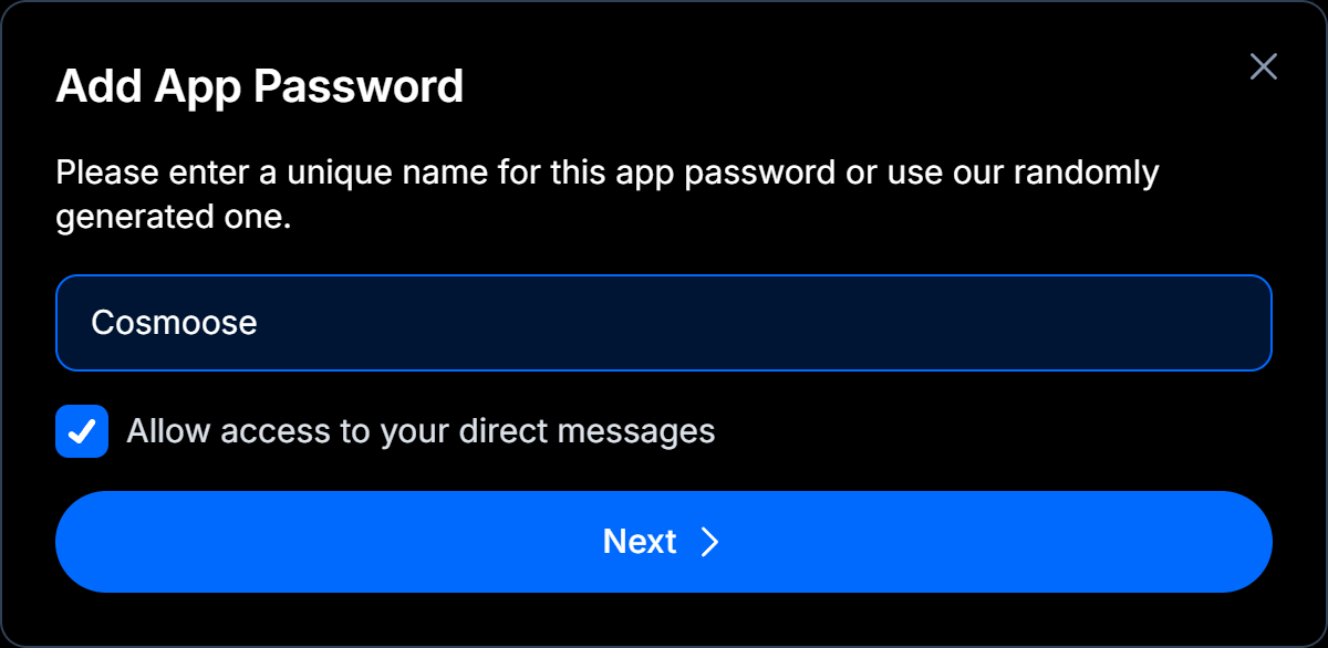 The Add App Password dialog named Cosmoose with the direct messages checkbox ticked