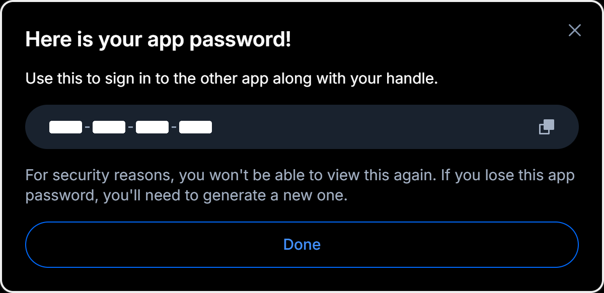 Bluesky showing a generated app password, characters covered