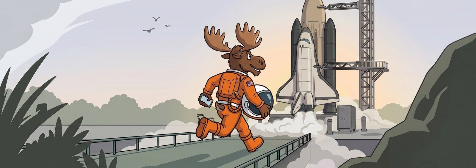 Bruce, the Cosmoose moose astronaut in an orange spacesuit, walking the launch pad walkway with his phone in one hand and his helmet under the other arm, a space shuttle standing on the pad ahead of him
