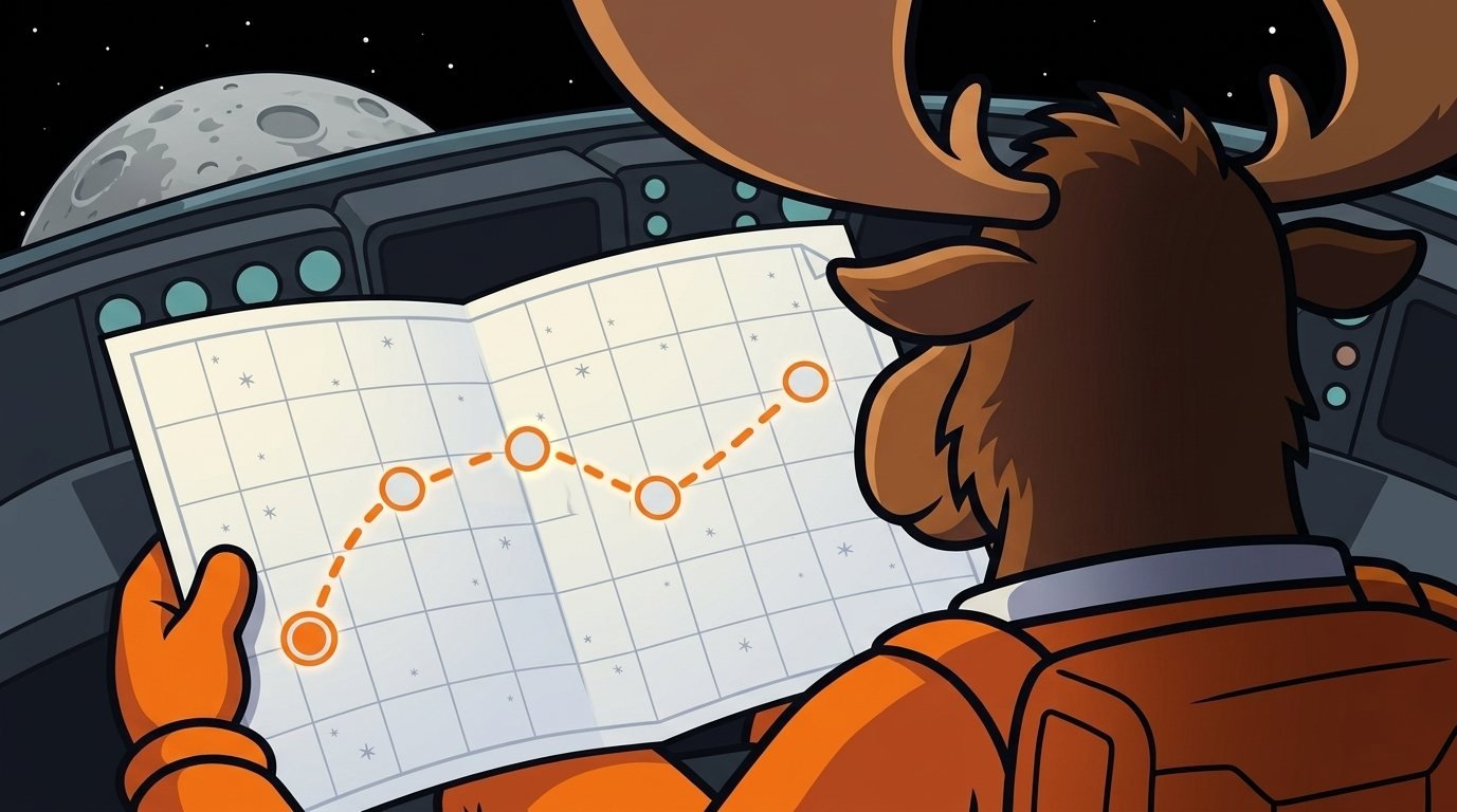 Bruce, the Cosmoose moose astronaut, seen from behind in his cockpit, holding open a paper star chart. One orange dashed course runs across the chart through five marked waypoints.