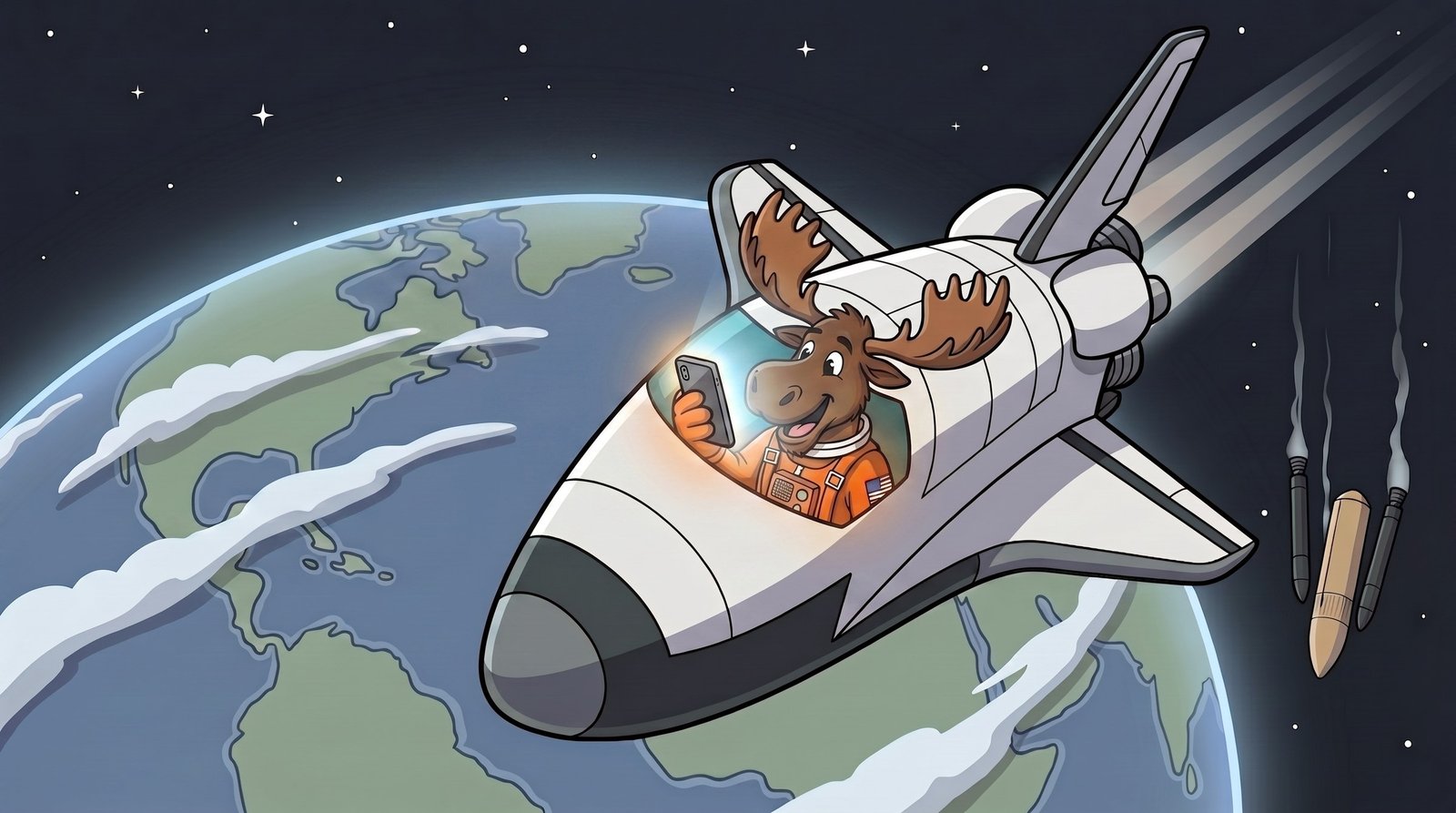 Bruce filming on his phone from the cockpit of a space shuttle climbing away from Earth, the spent boosters and fuel tank tumbling off behind him