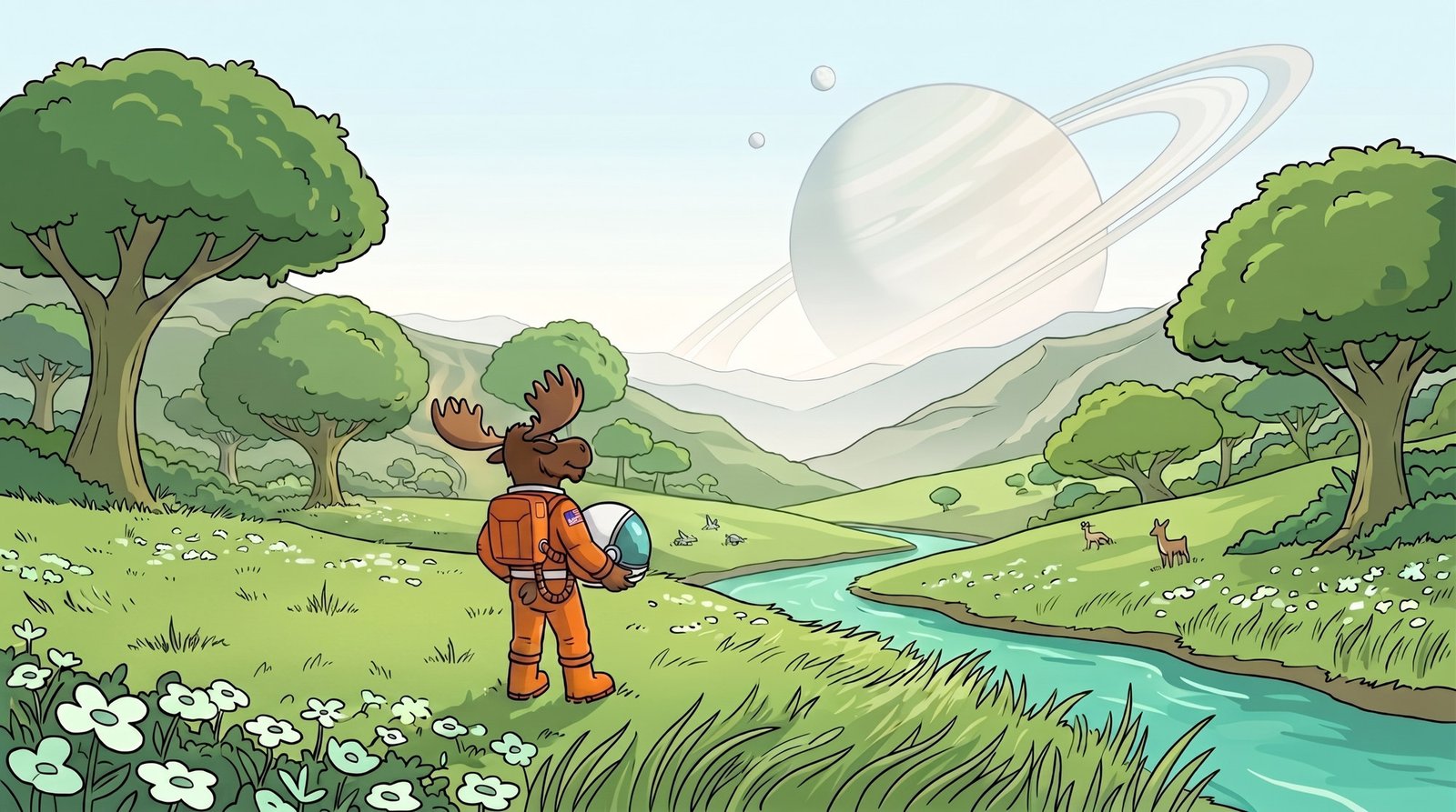 Bruce standing in the grass on a green valley planet, helmet under one arm, a river running through the meadow, deer on the far bank and a ringed planet on the horizon