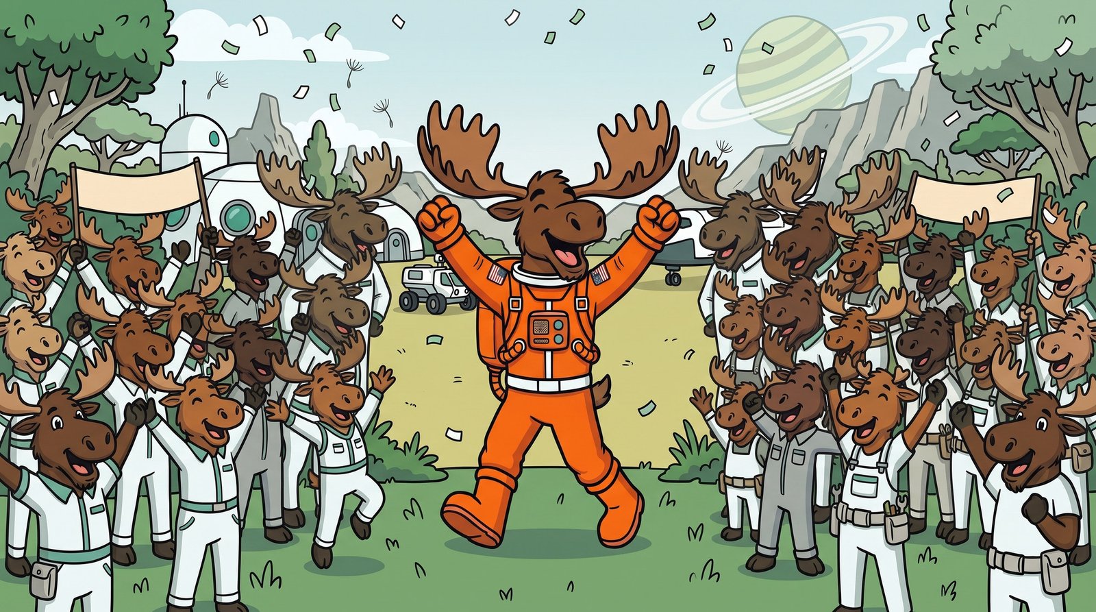 A crowd of fellow moose astronauts cheering as Bruce walks into the settlement with both arms raised